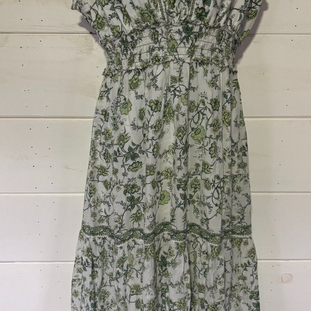 Max Studio Women’s Medium 100% Cotton Floral Maxi Dress Green White Boho Tiered